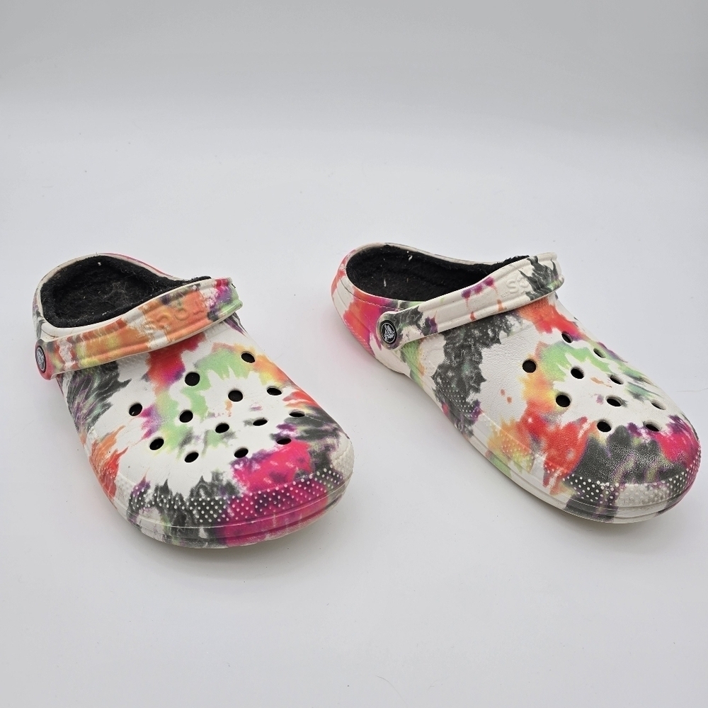 Crocs Sandal Women 10 White Tie Dye Rainbow Splatter Faux Fur Lined Winter - Picture 2 of 8